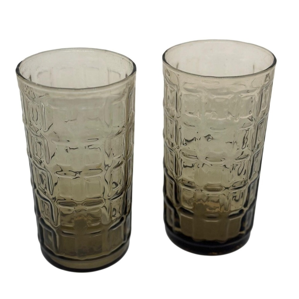Vintage Anchor Hocking Smoke Glasses Tartan Cube Waffle Block MCM Set‎ of 2 5"